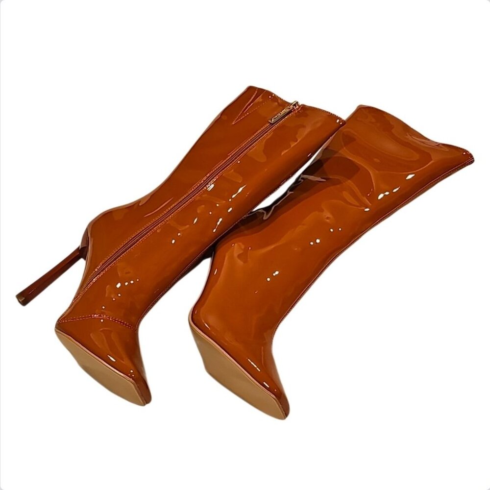 Tan Patent Leather Pointed Toe High Heel Boots With Side Zippers Mid-Calf Length - Picture 5 of 7